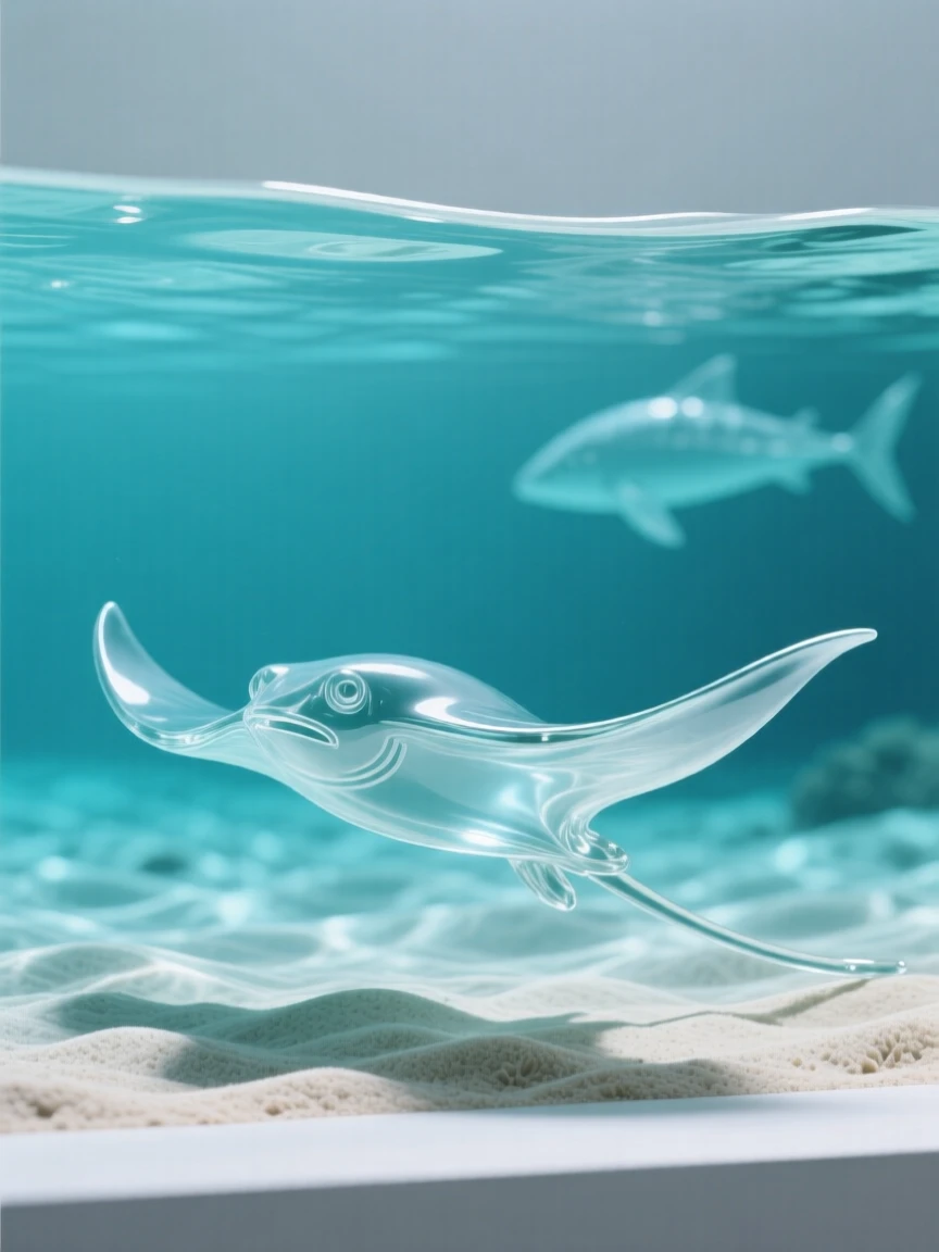 Beneath the surface of a calm turquoise lagoon, a stingray gliding low across a sandy ocean floor, while a distant shape passes along the edge of visibility