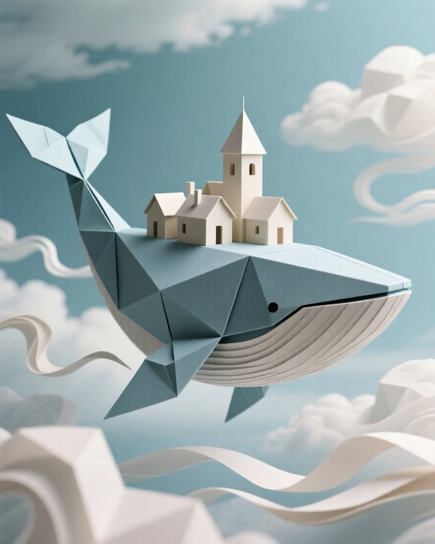 A sky whale drifting slowly through clouds with a small village built upon its back.