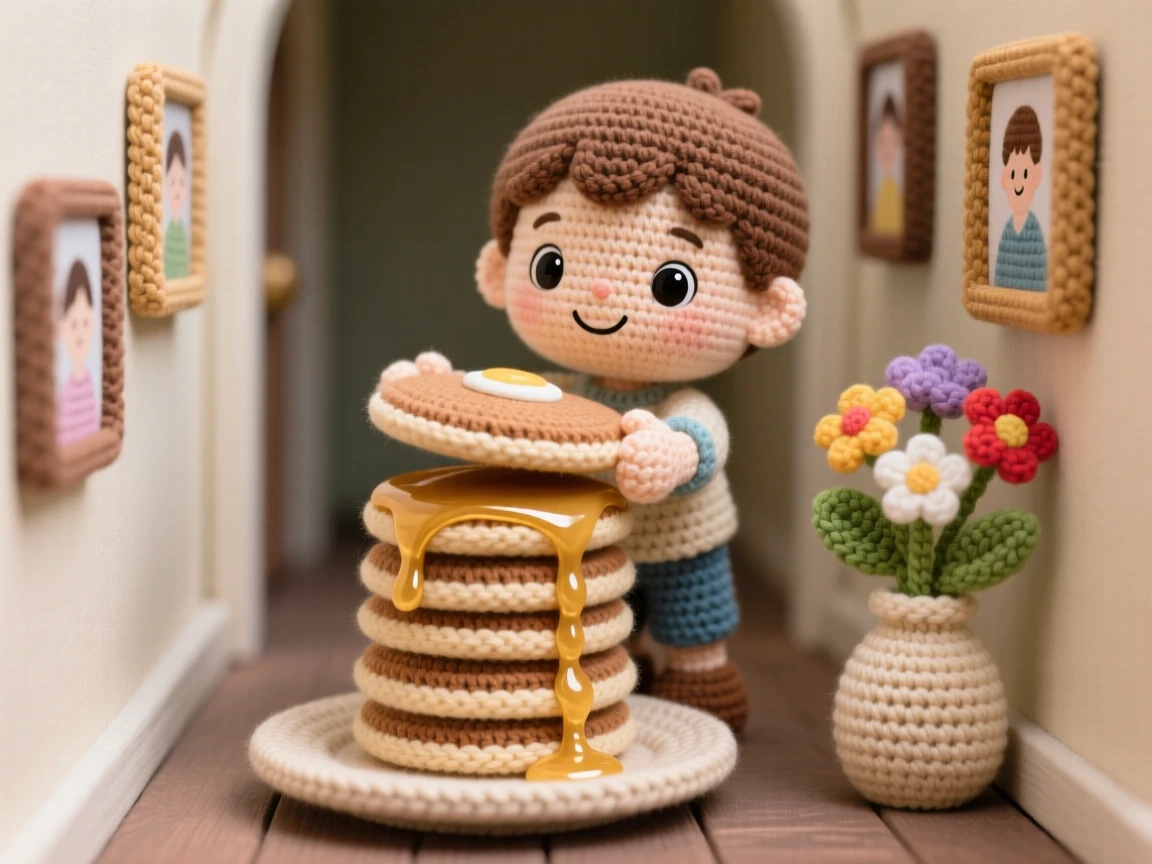 A tender everyday moment: a small boy stacking pancakes on a plate with syrup dripping down the sides, carefully balancing the top pancake inside a quiet hallway lined with family photos; a small vase of fresh garden flowers completes the scene, full of quiet satisfaction in a small task well done.