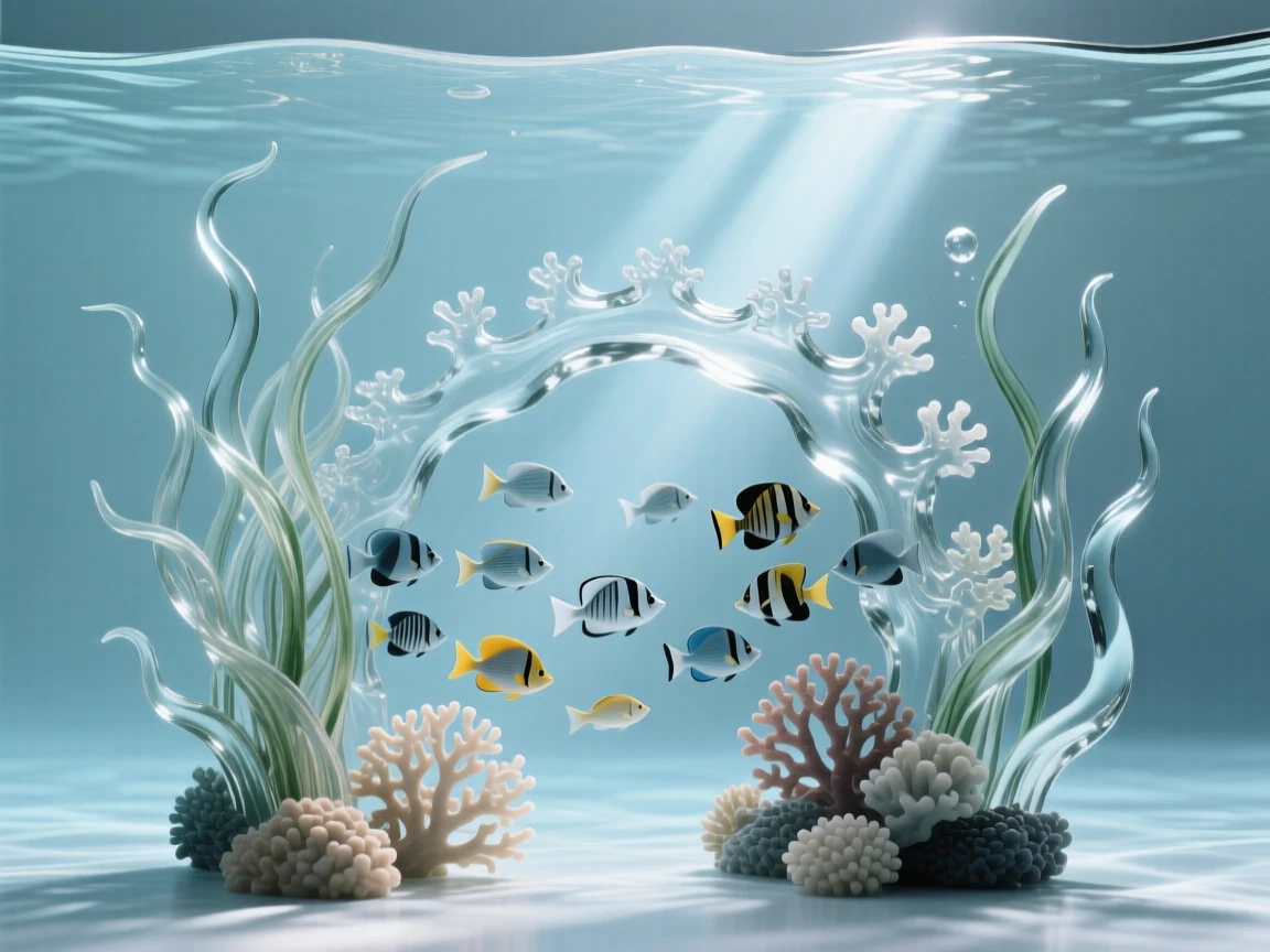 As the current carries loose strands of sea grass, a school of tropical fish weaving through a coral archway, while a beam of sunlight cuts through the water above