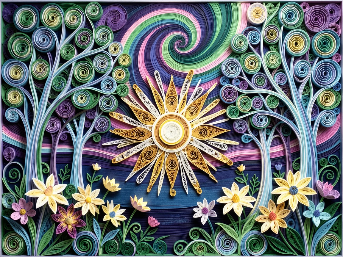 A magical fantasy scene of a moonlit garden where flowers glow softly at night beneath a canopy of glowing luminescent trees, under a sky painted in shifting aurora colors, centered with radiant light emanating outward.