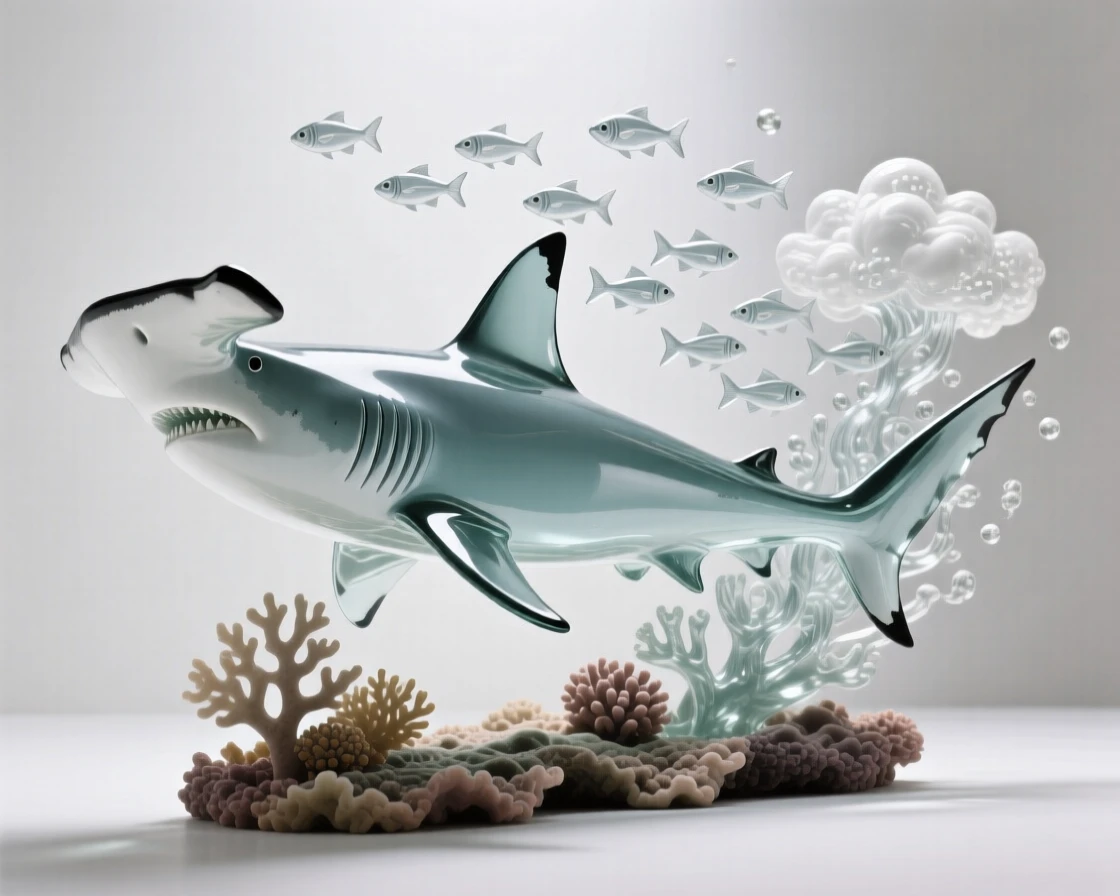 With a school of smaller fish trailing close behind, a hammerhead shark gliding along the edge of a reef, while a cloud of tiny fish scatters and reforms nearby