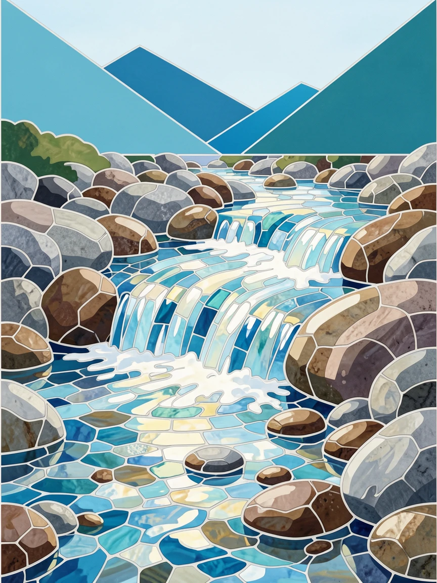 A crystal-clear mountain stream tumbling over smooth river stones.