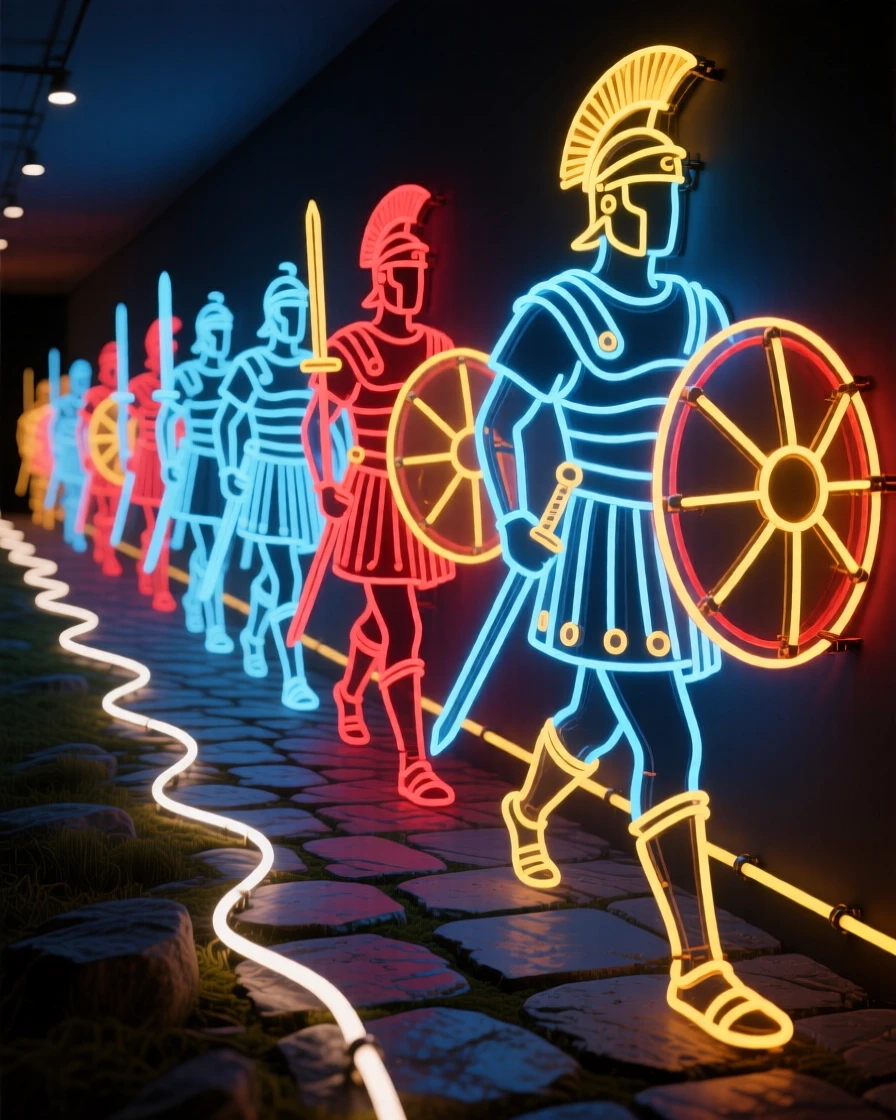 A wide historical scene depicting a group of Roman legionaries marching along a stone road.