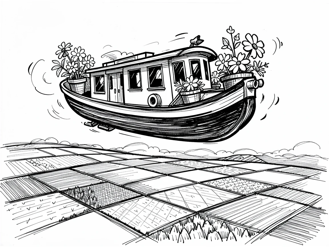 A canal boat decorated with flower pots flying over a patchwork of farmland.