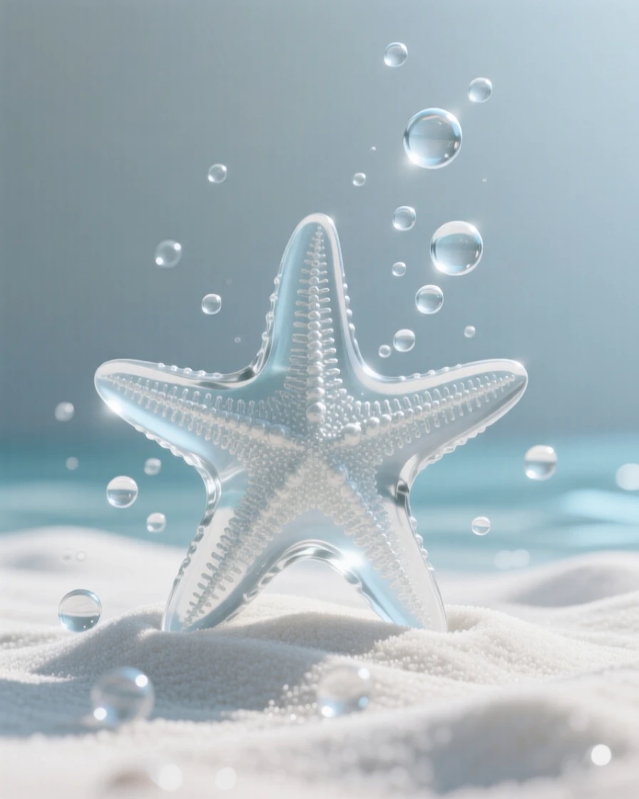 A starfish resting quietly on a bed of white sand, as bubbles rise gently toward the surface