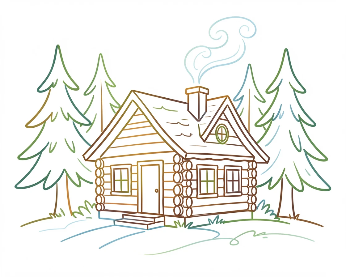 A cozy log cabin nestled among tall pines with smoke rising from the chimney.