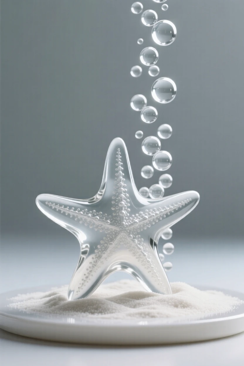 A starfish resting quietly on a bed of white sand with a curtain of bubbles rising around them