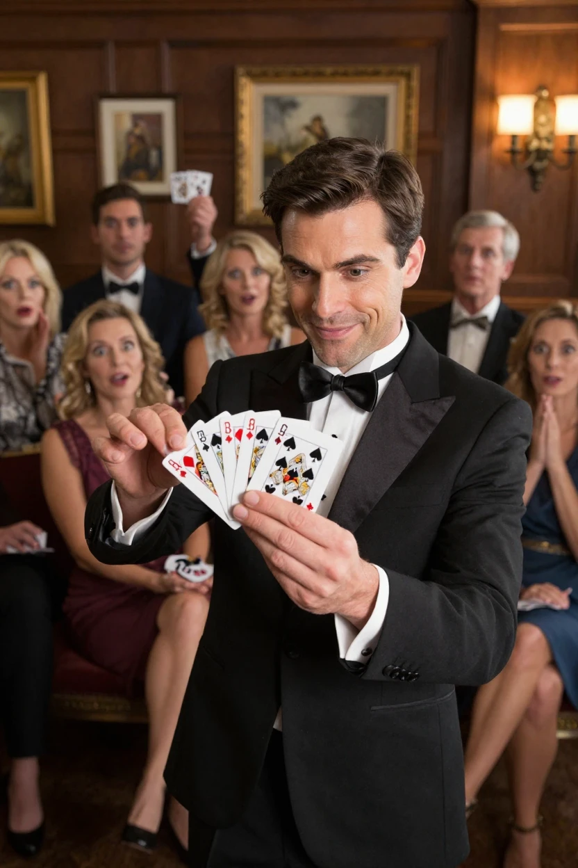 A magician performing a card trick for an amazed audience