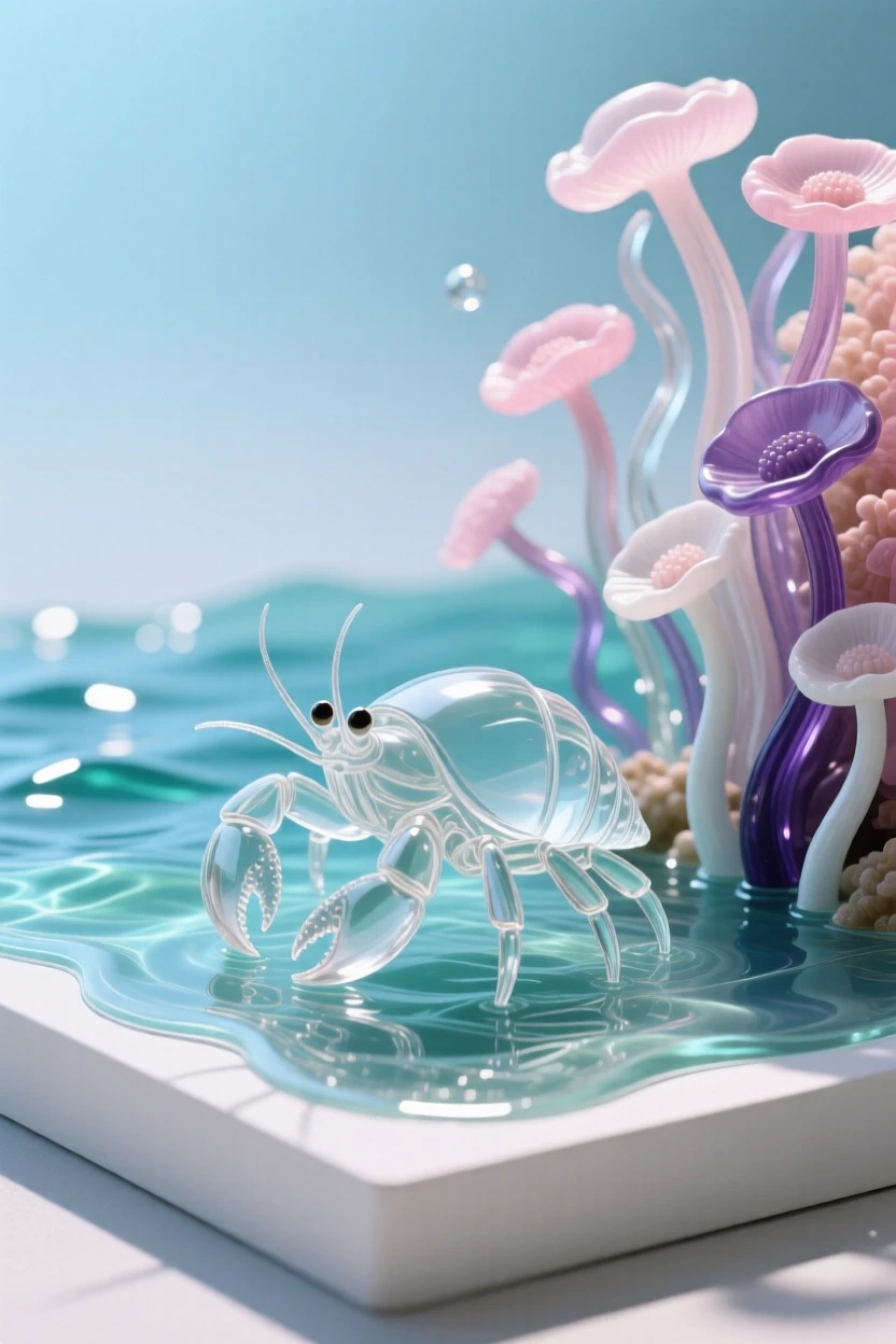A hermit crab making its way across a sunlit tide pool beside a wall of anemones swaying in the current