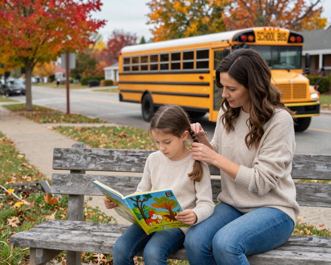A mother braids her daughter's hair at a school bus stop while the girl reads a picture book on her knees.