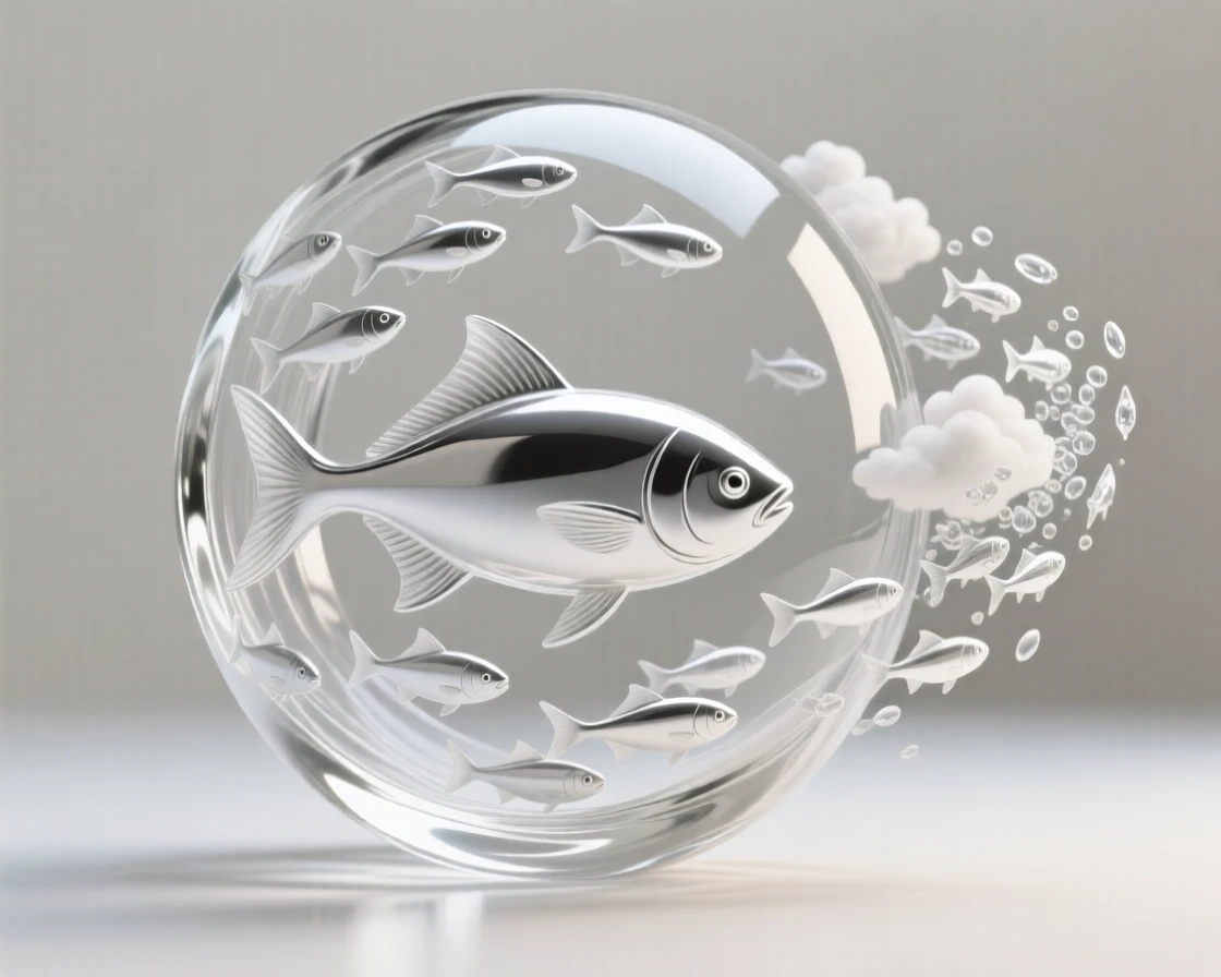A school of silver fish swirling into a shifting sphere with a school of smaller fish trailing close behind, while a cloud of tiny fish scatters and reforms nearby
