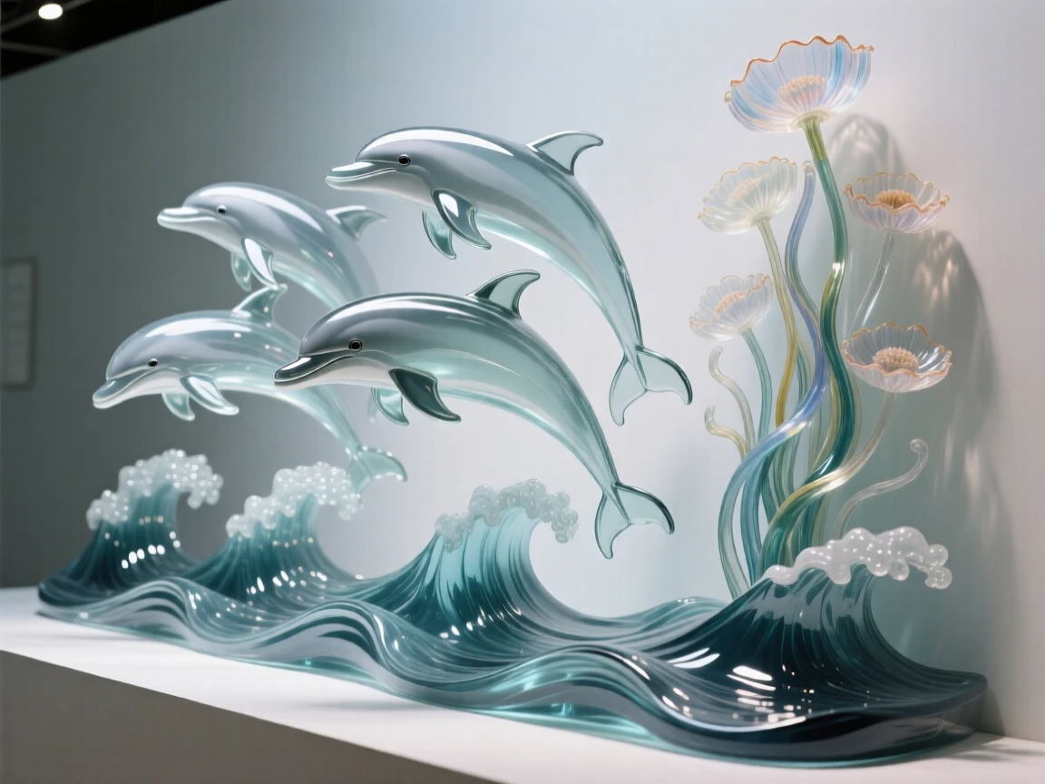A pod of dolphins leaping together through rolling waves, beside a wall of anemones swaying in the current
