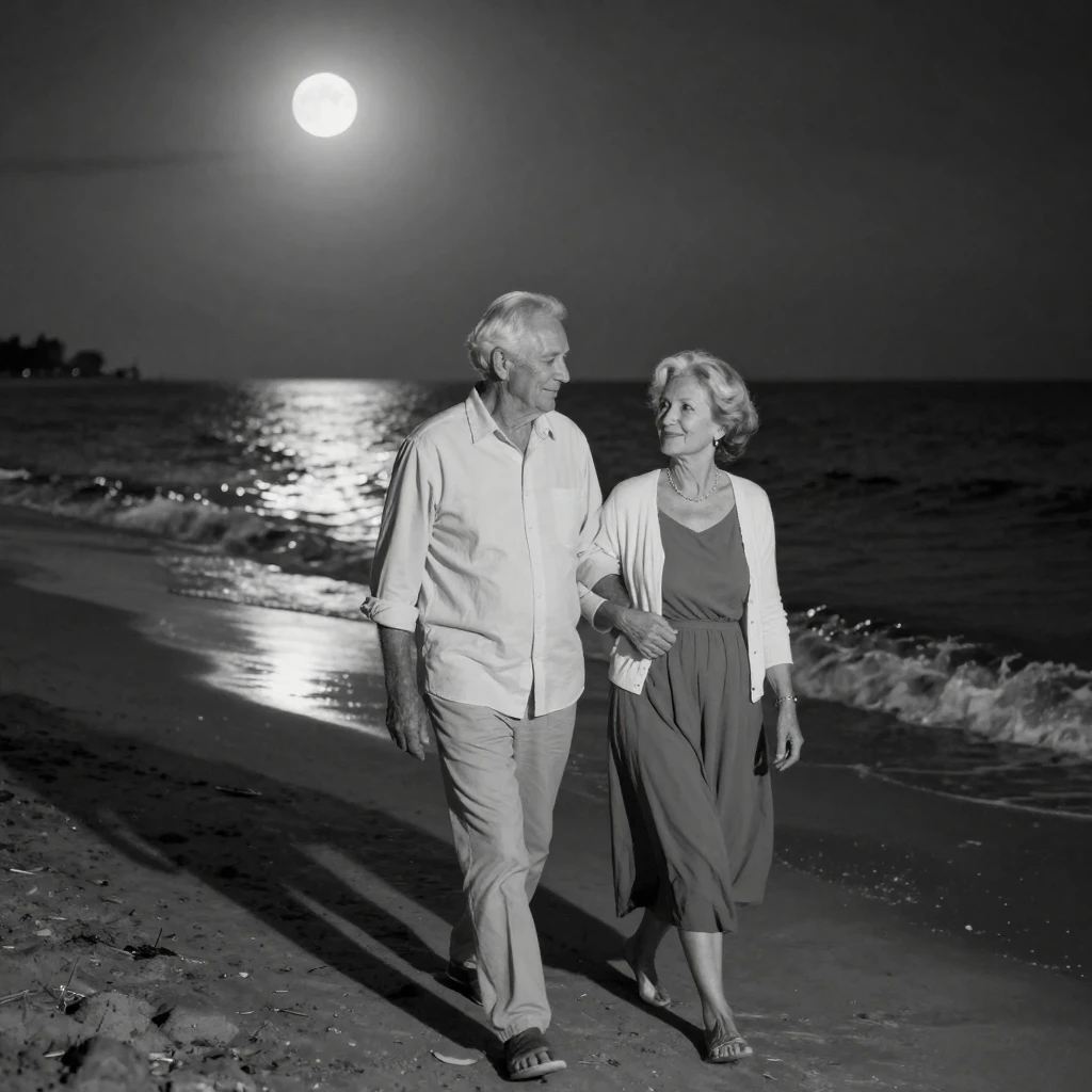 An elderly couple walks arm in arm along the shore on a moonlit beach.