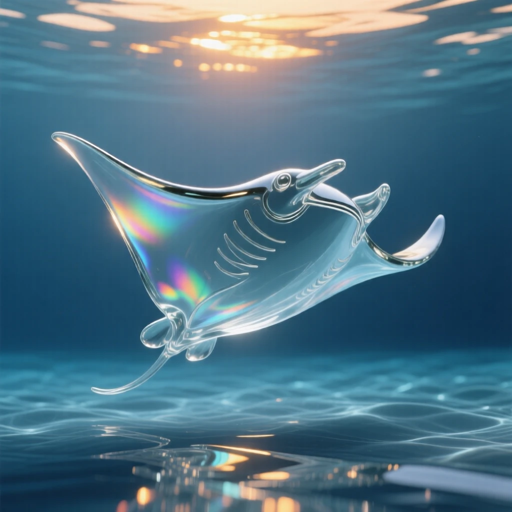 A manta ray gliding slowly through open blue water, beneath waves catching the last light of sunset