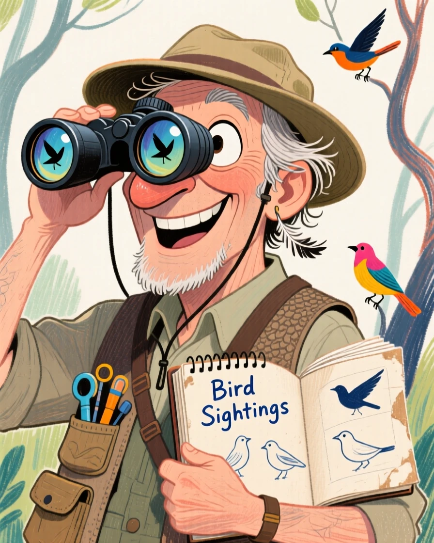A birdwatcher peering through binoculars, notebook of sightings tucked under one arm.
