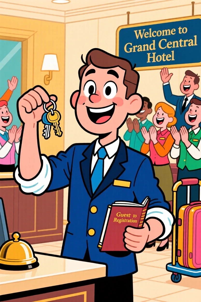 A vibrant profession-themed portrait of a friendly hotel concierge mid-task with sleeves rolled up and tools in hand, with coworkers cheering in the background.
