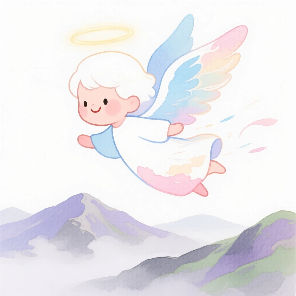 A celestial angel soaring above a misty mountain range
