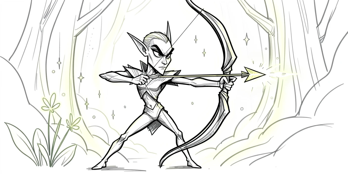 [Fantasy & Imaginative Scenarios] Imaginative fantasy scene of an elf archer taking aim in a glowing enchanted forest, brimming with wonder