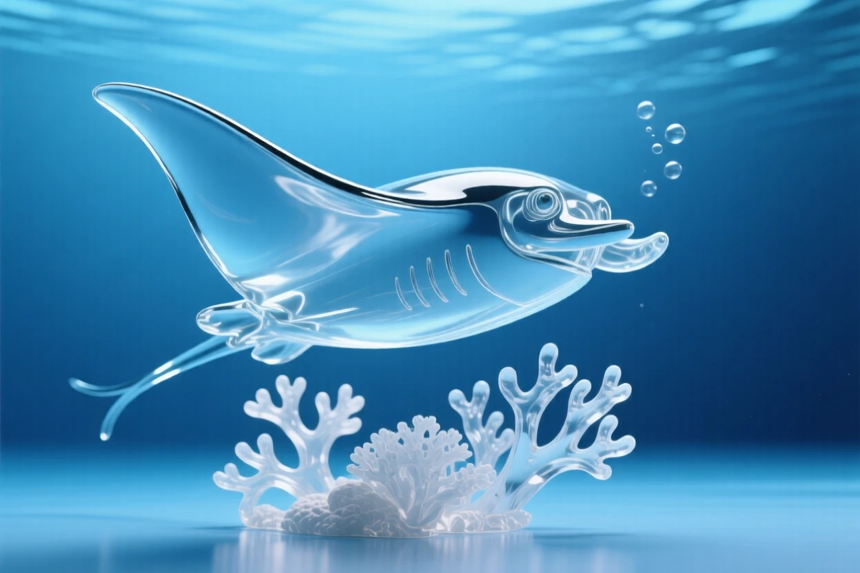 A manta ray gliding slowly through open blue water while the current gently sways the surrounding coral