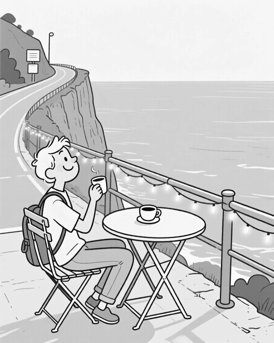 A solo traveler sipping coffee at a sidewalk cafe, leaning back just a little too far for safety, set along a cliffside road overlooking the sea. Fairy lights twinkle along a nearby railing. It radiates wanderlust and the fun of getting a little lost.