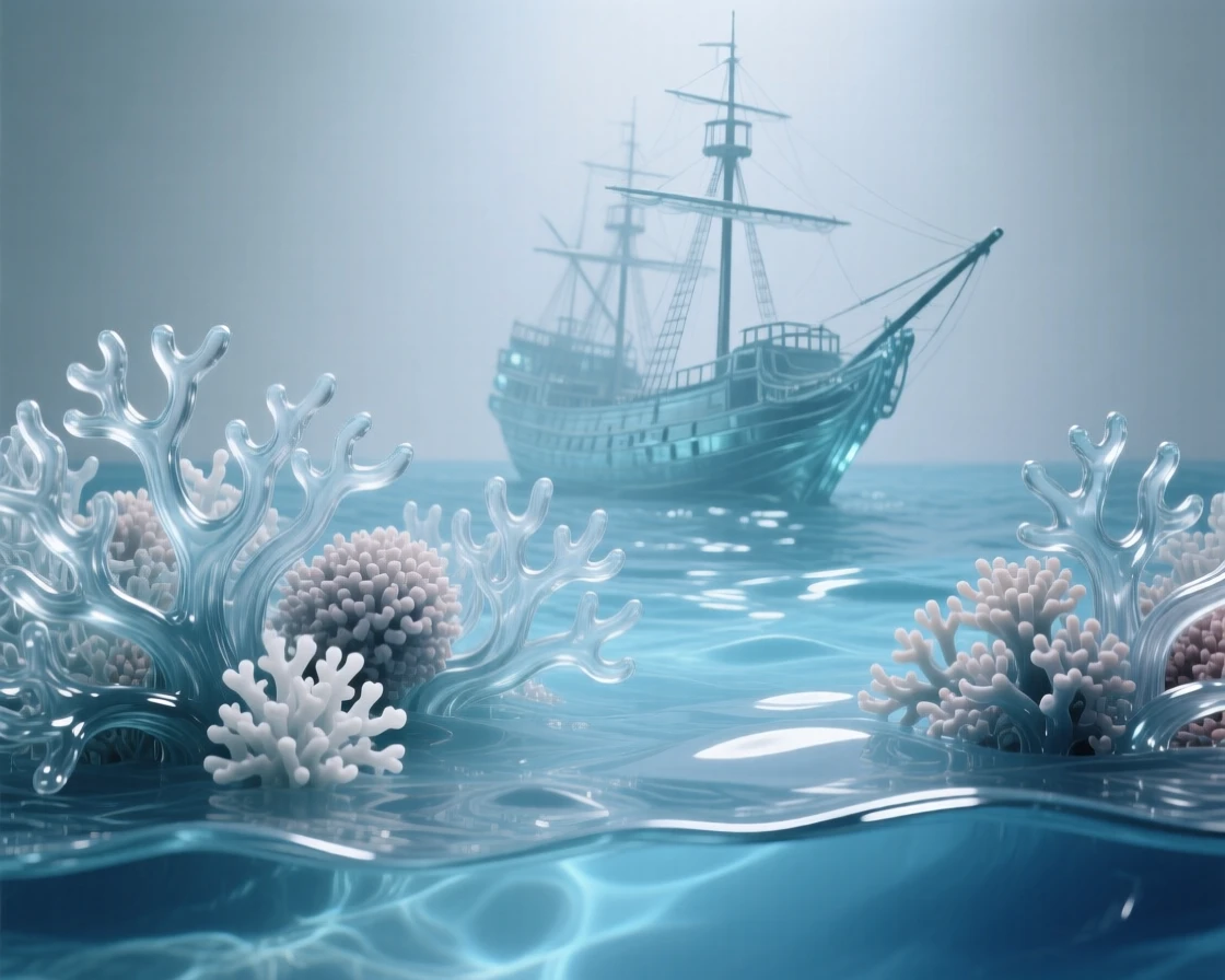 A colony of coral stretching across the ocean floor with distant silhouettes of a sunken ship nearby, while the current gently sways the surrounding coral