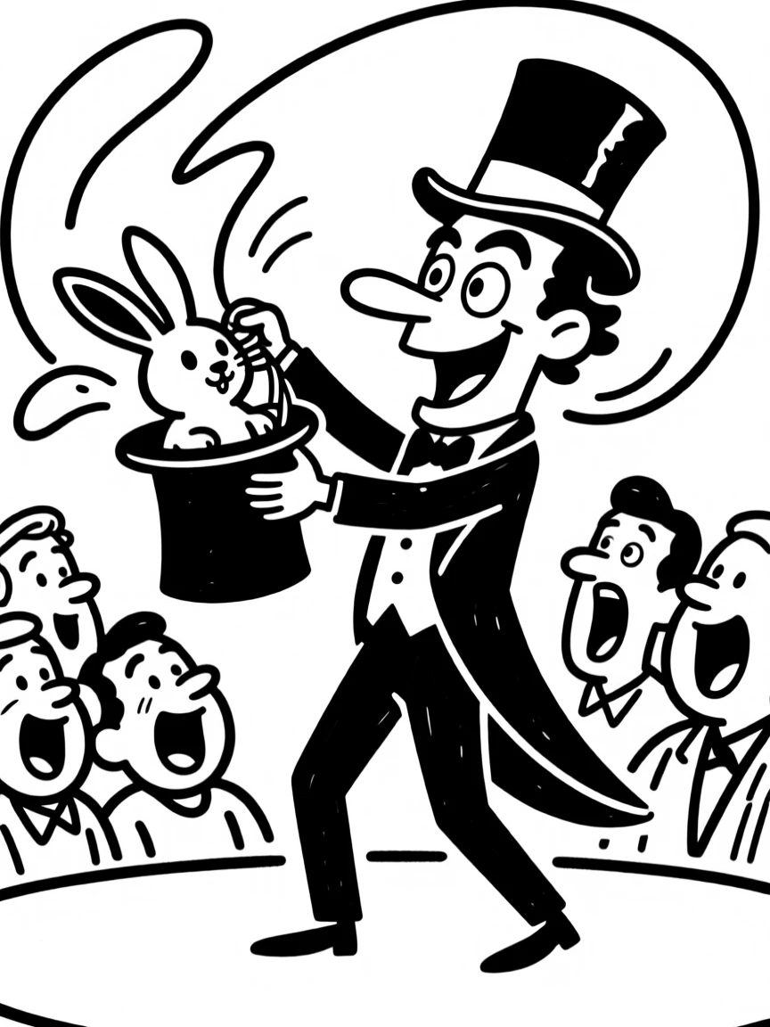 A magician pulling a rabbit out of a hat, audience gasping in delighted surprise.