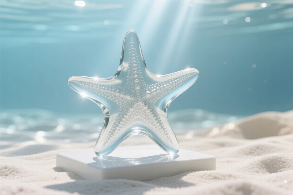 A starfish resting quietly on a bed of white sand while a beam of sunlight cuts through the water above