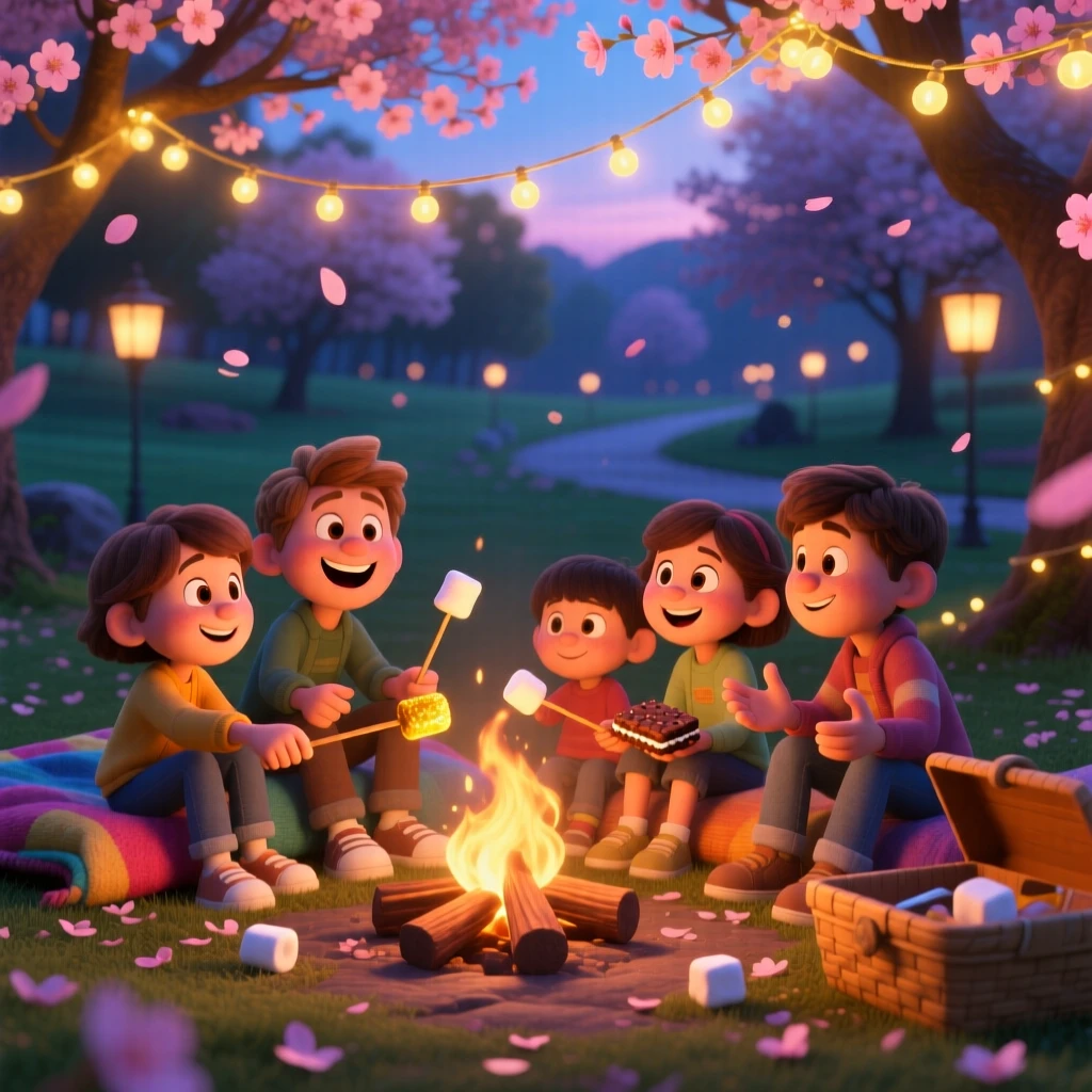 Friends roasting marshmallows over a campfire happens in a park filled with cherry blossoms, with warm string lights glowing overhead. The atmosphere glows with tradition and family warmth.