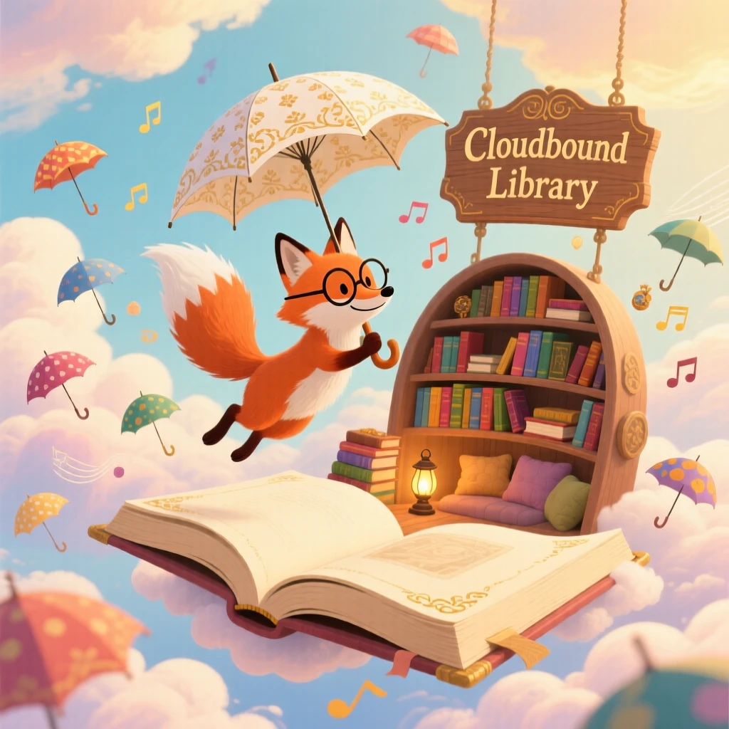 A fox who collects tiny umbrellas is flying through the clouds using an umbrella in a library built inside an enormous book, as a soft melody seems to hum through the air.