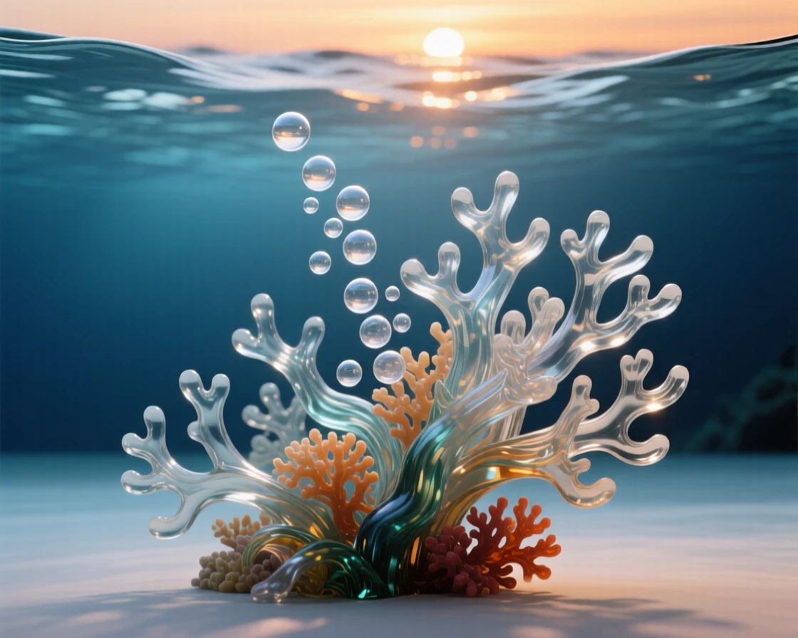 A colony of coral stretching across the ocean floor beneath waves catching the last light of sunset, while bubbles rise in a slow, steady stream