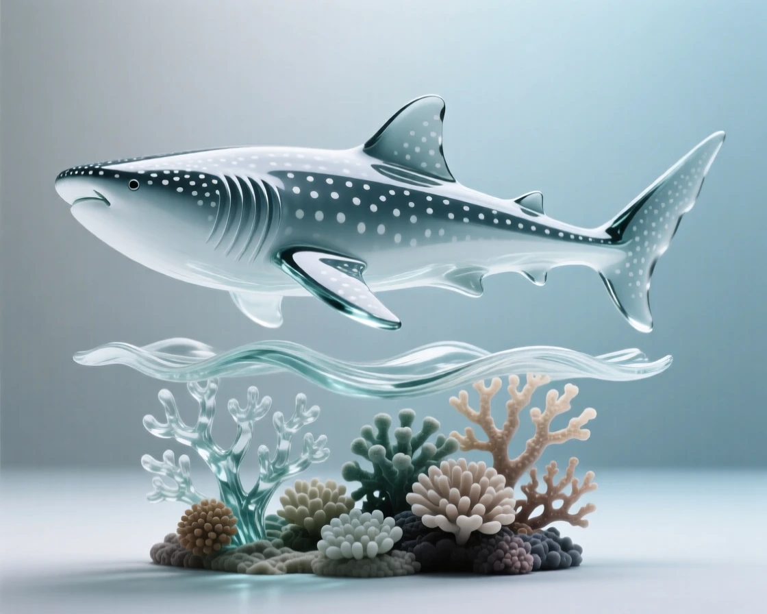 A whale shark passing calmly over a coral reef while the current gently sways the surrounding coral