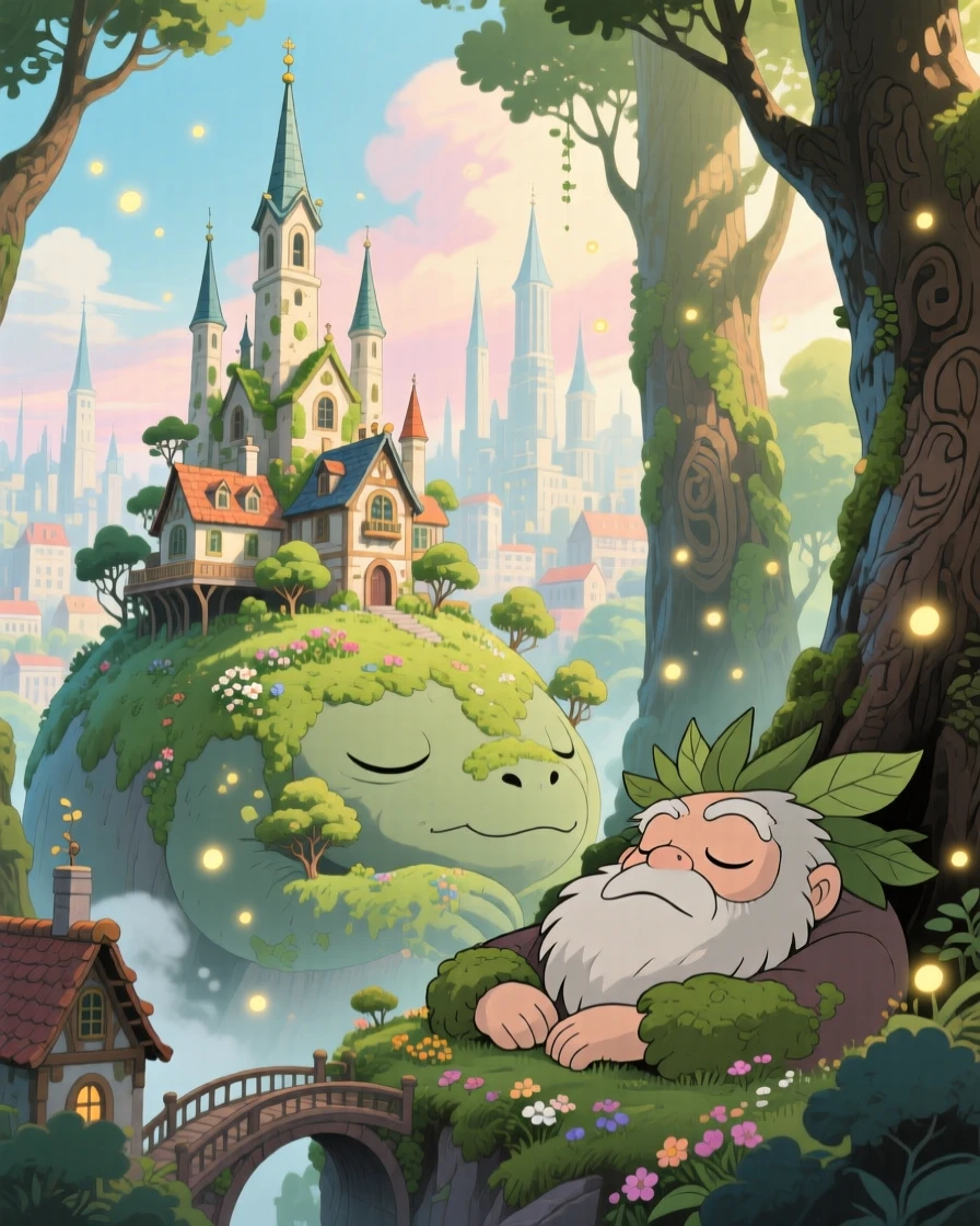 A city of spires built on the back of a giant sleeping creature, where a gentle giant resting among the treetops can be seen nearby, the atmosphere dreamlike and inviting.