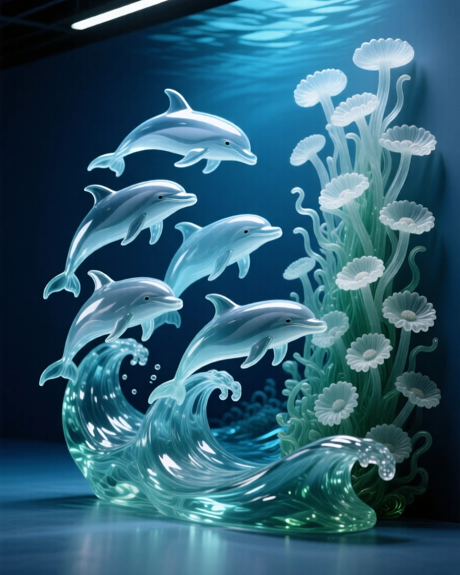 Beside a wall of anemones swaying in the current, a group of dolphins riding the bow wave of unseen currents