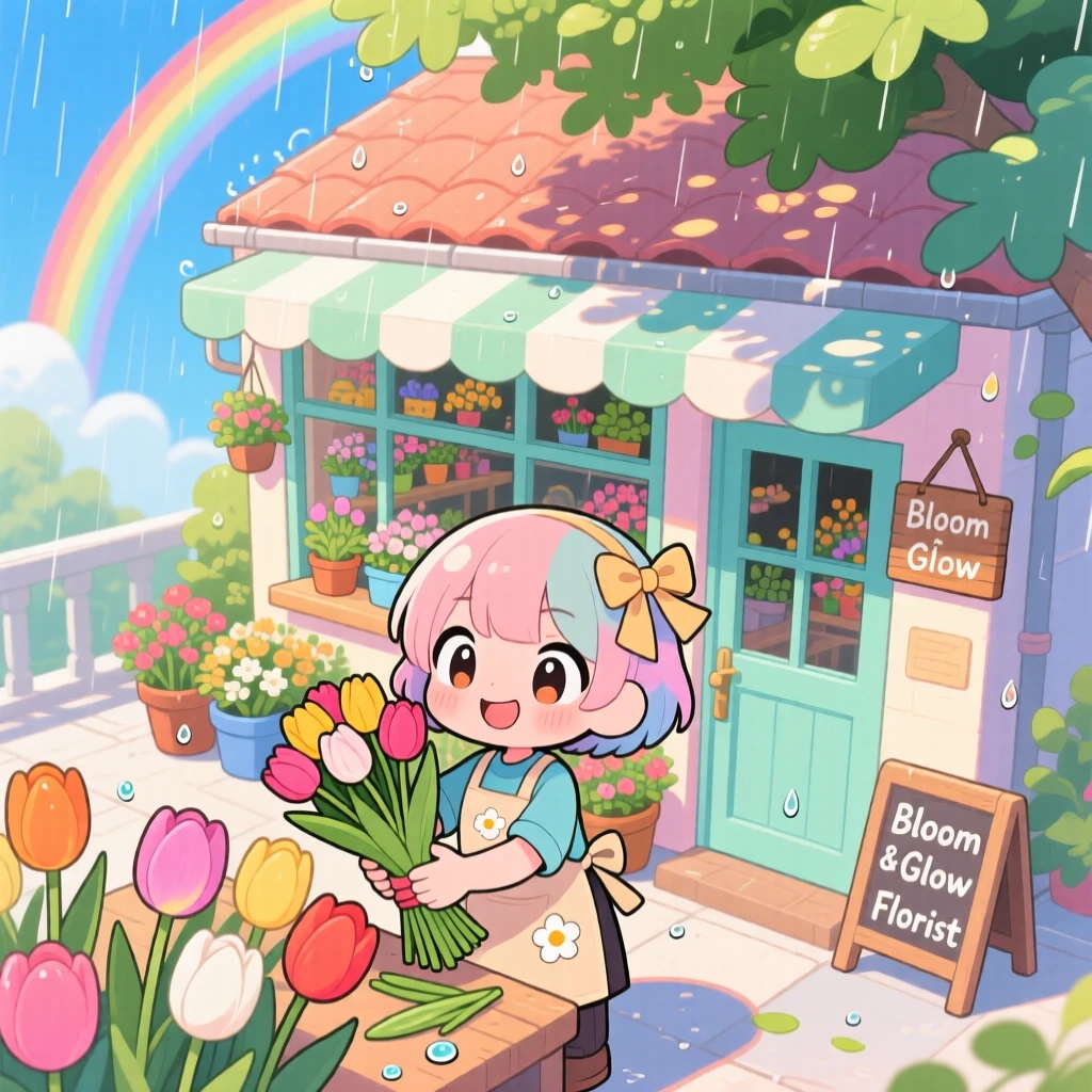 Bird's-eye view: a small florist, arranging a bouquet of tulips, set against a bright flower shop under a rainbow after the rain, with dappled sunlight through a canopy and a mood of brave confidence.