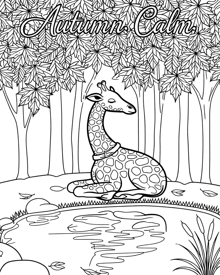 A reticulated giraffe resting beneath a canopy of autumn leaves, with its reflection rippling in a still pond.