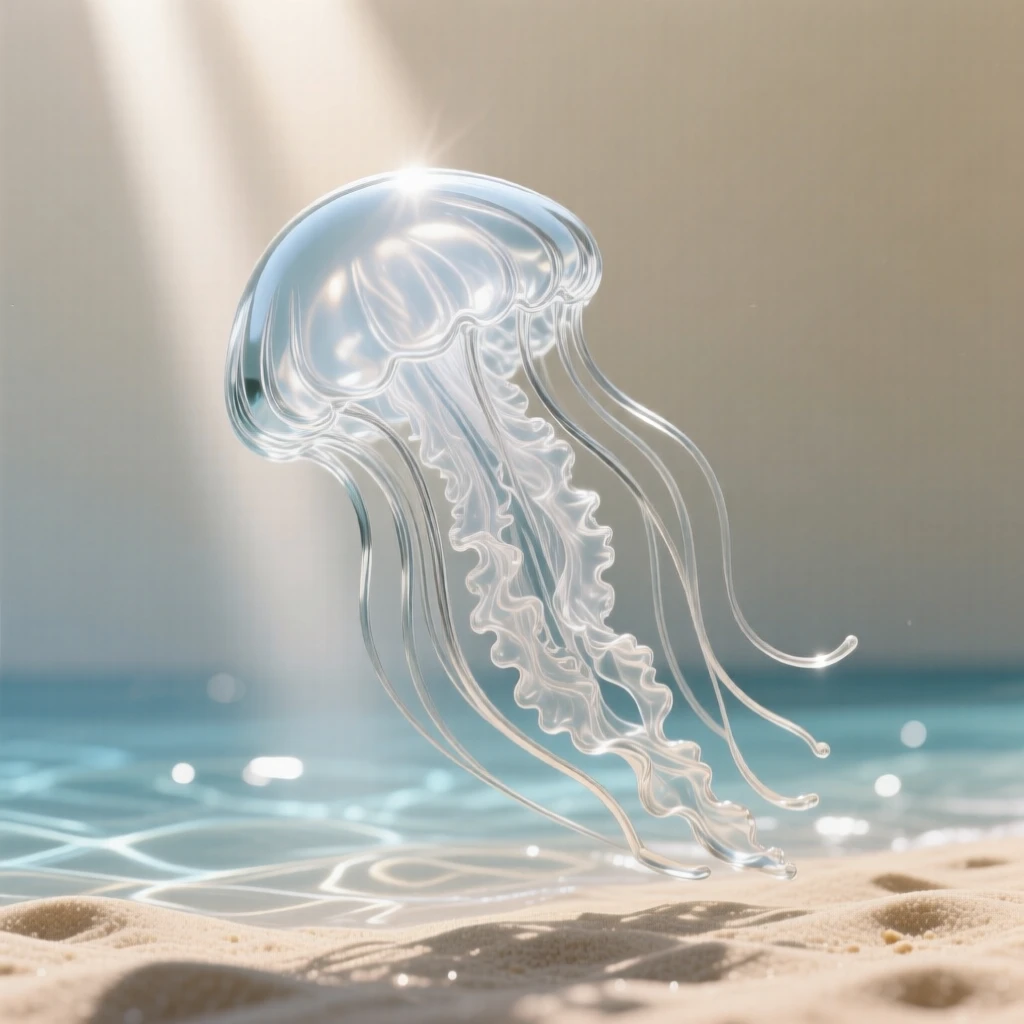 As sunlight ripples across the sandy ocean floor, a jellyfish drifting weightlessly through a shaft of sunlight