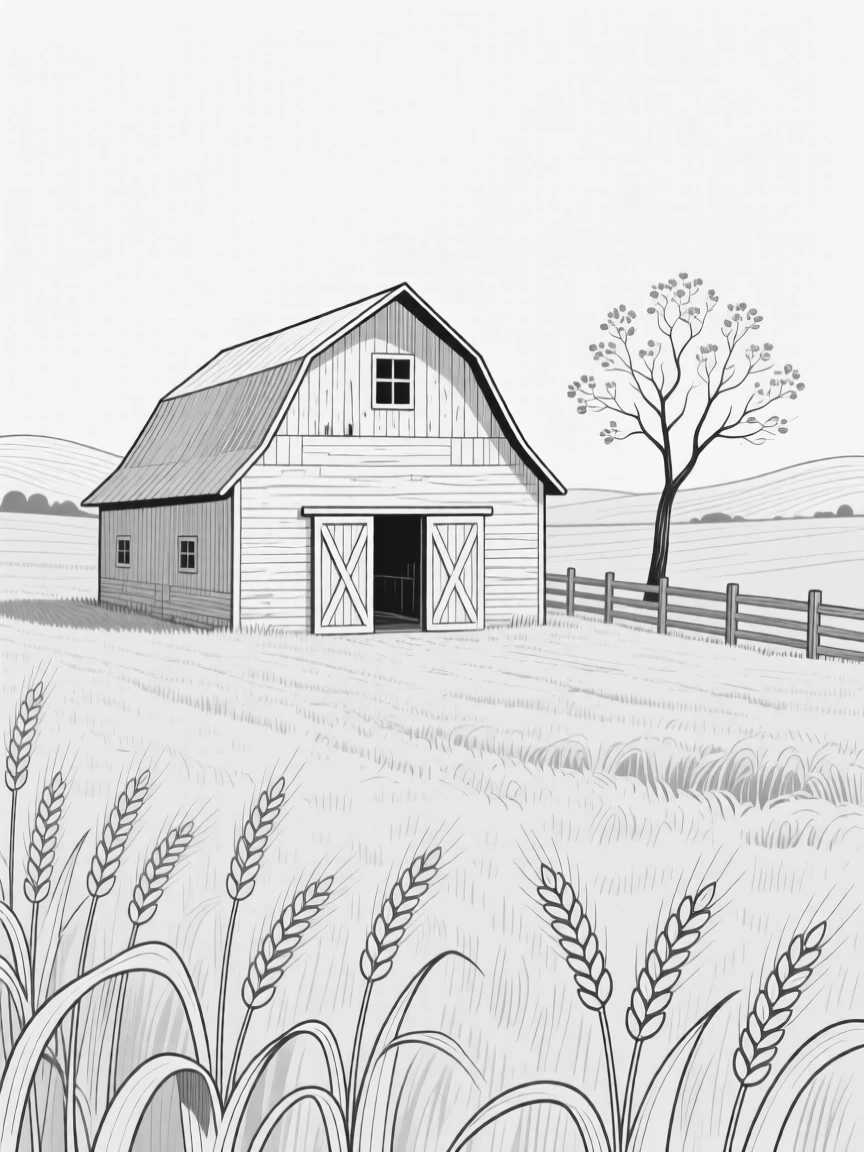 A rustic barn surrounded by golden fields at harvest time