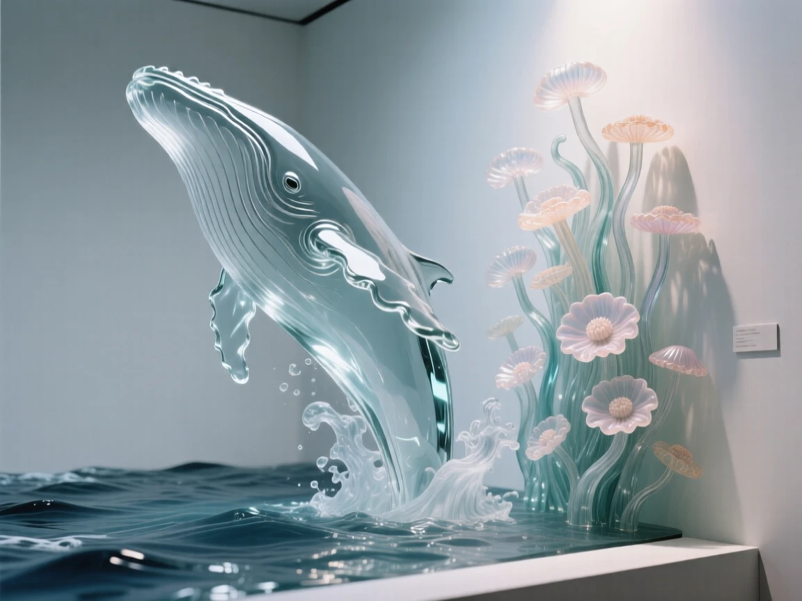A humpback whale breaching high above the surface, beside a wall of anemones swaying in the current