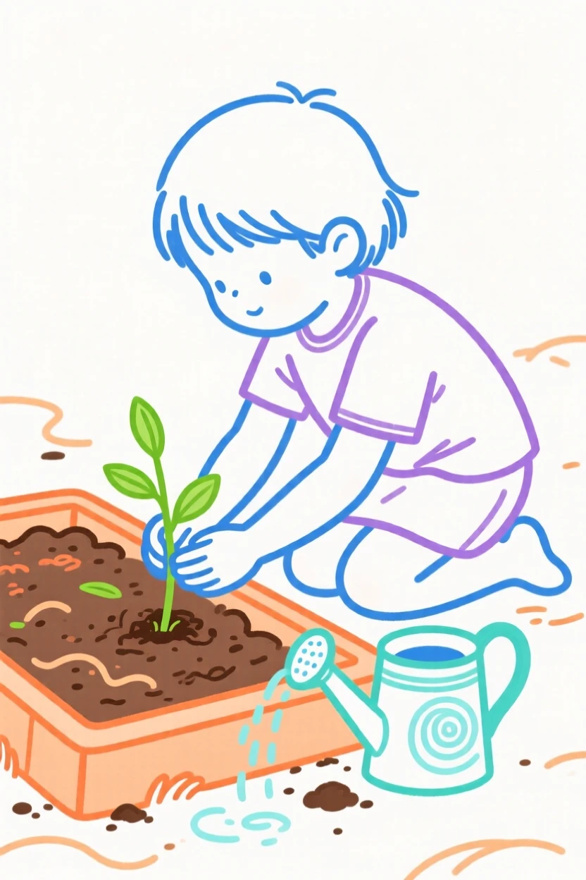 A child planting a seedling in a small garden bed.