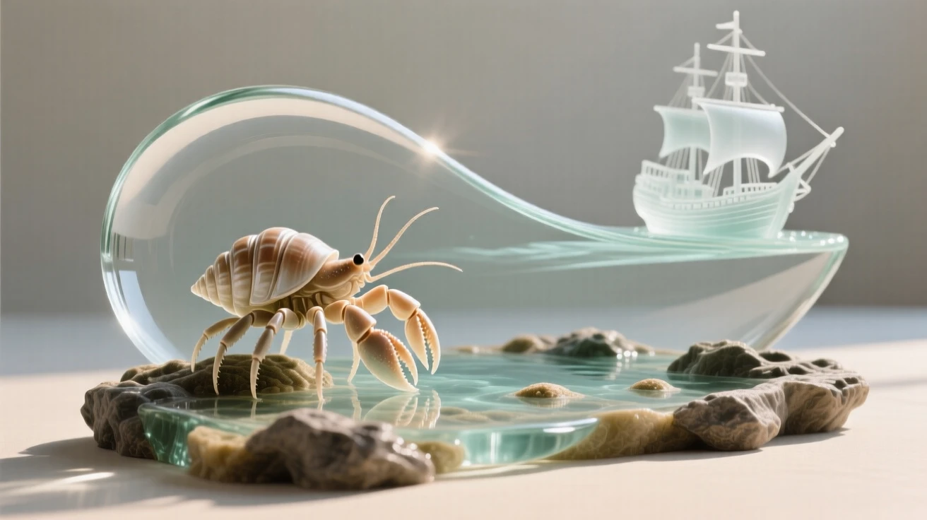 With distant silhouettes of a sunken ship nearby, a hermit crab making its way across a sunlit tide pool, while a distant shape passes along the edge of visibility
