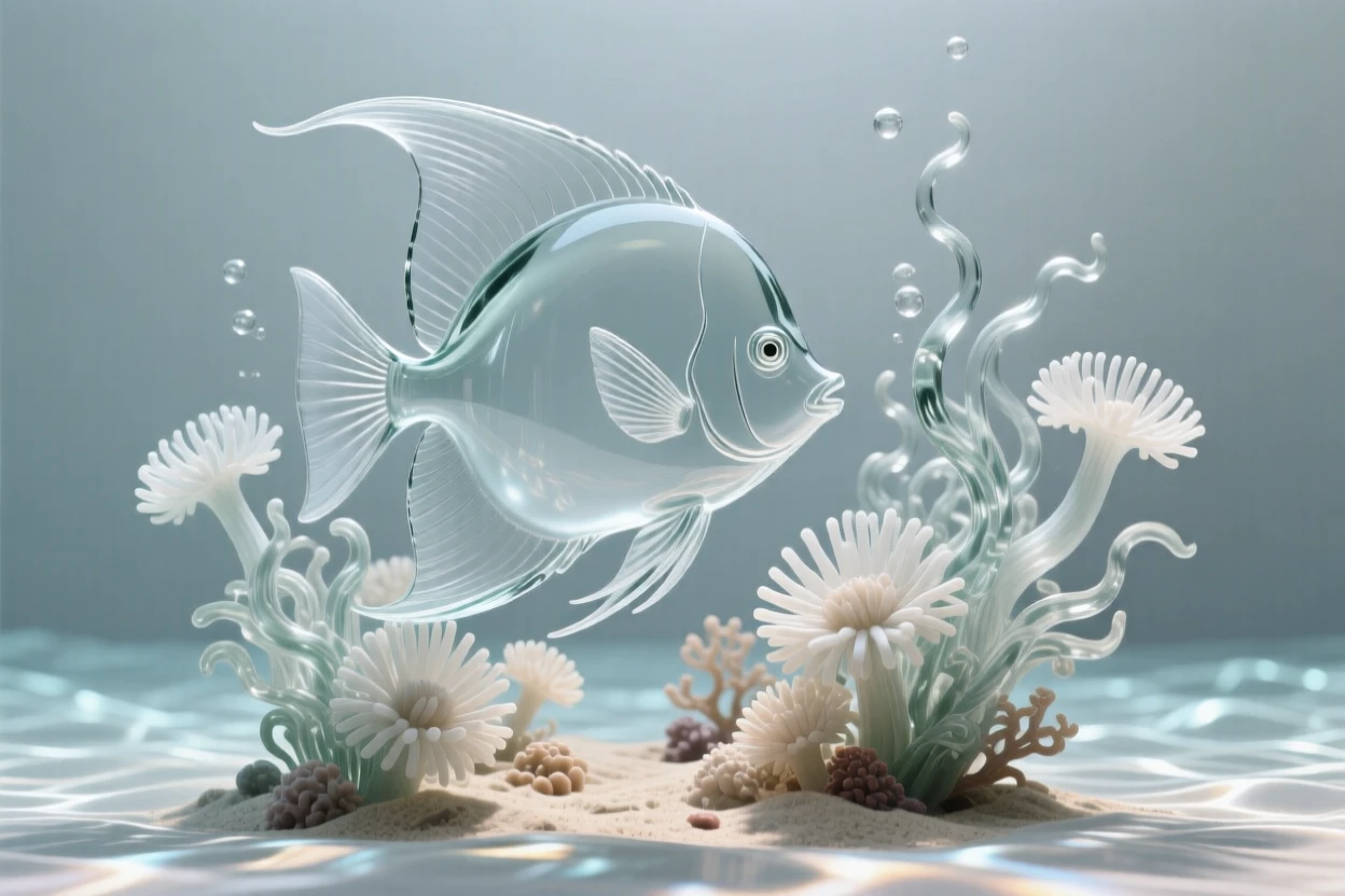 As sunlight ripples across the sandy ocean floor, an angelfish weaving through a garden of sea anemones, while a distant shape passes along the edge of visibility