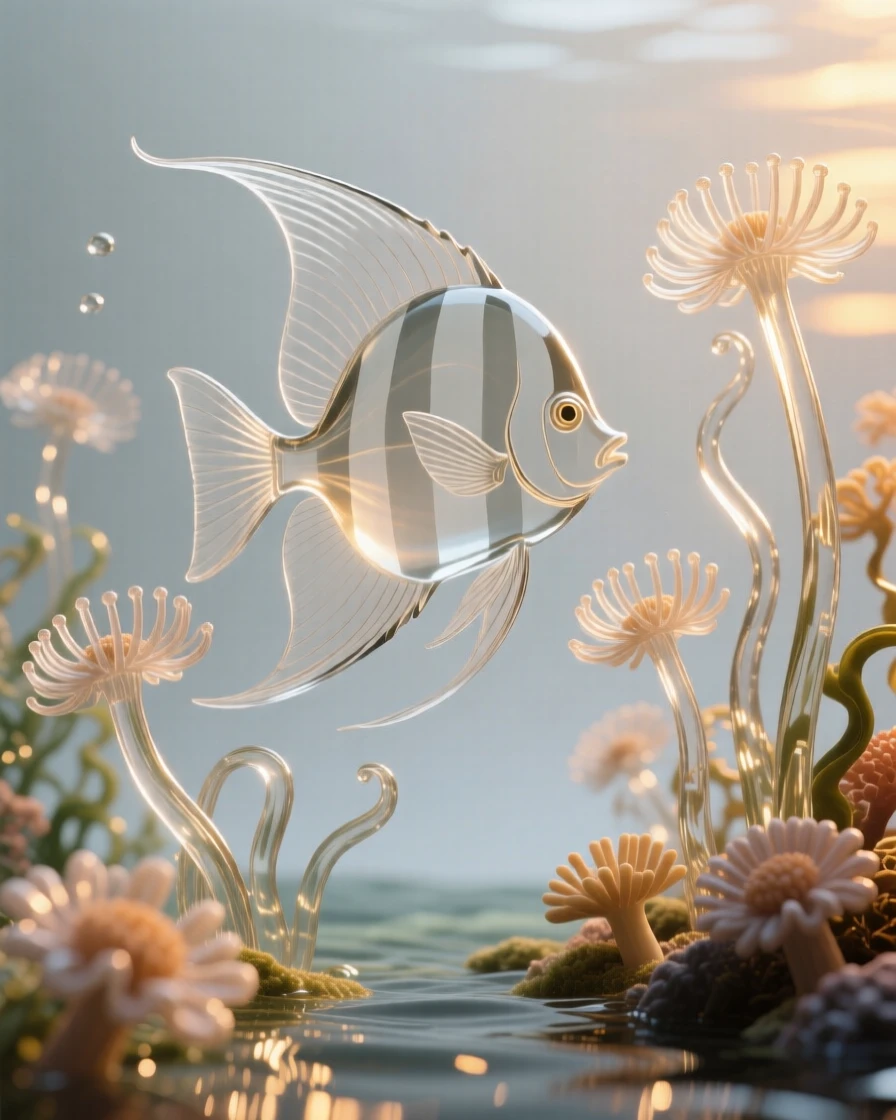An angelfish weaving through a garden of sea anemones beneath waves catching the last light of sunset