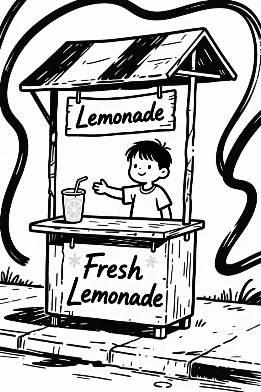 A child selling lemonade at a small roadside stand.
