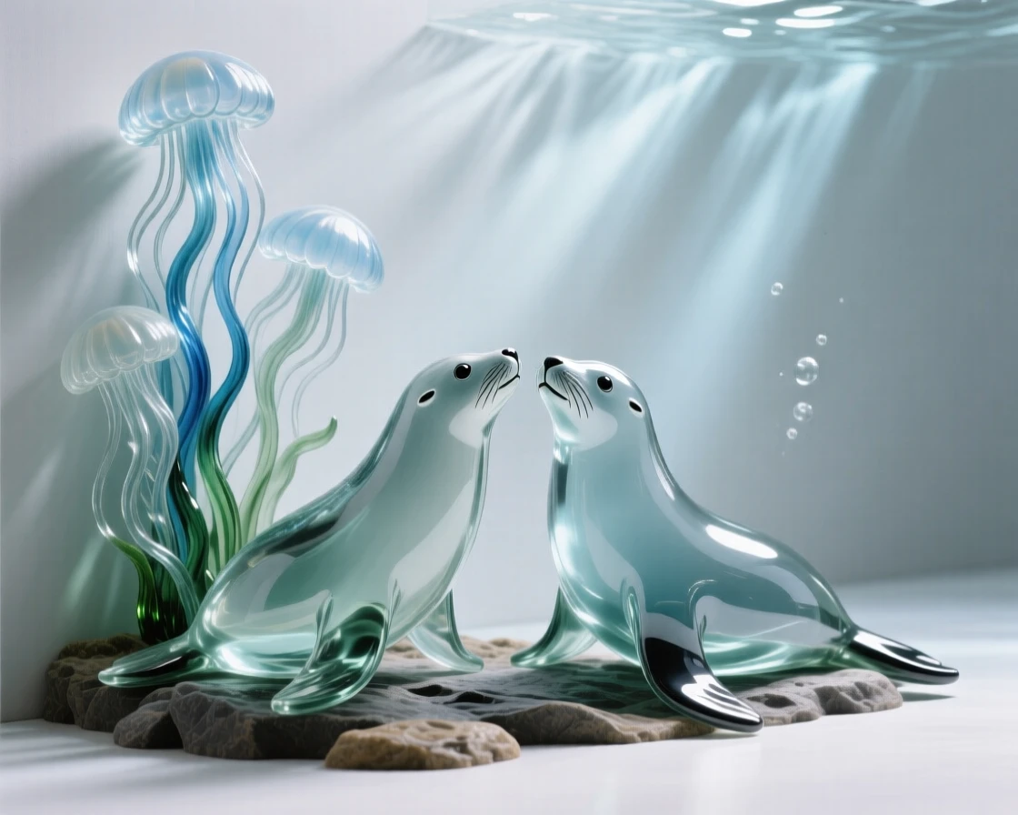Beside a wall of anemones swaying in the current, a pair of sea lions playing near a rocky shoreline