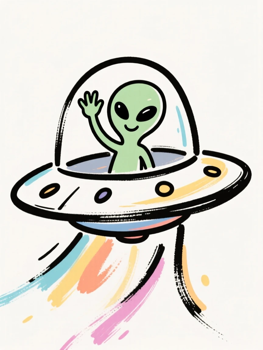 A tiny cartoon alien waving from inside a small flying saucer.