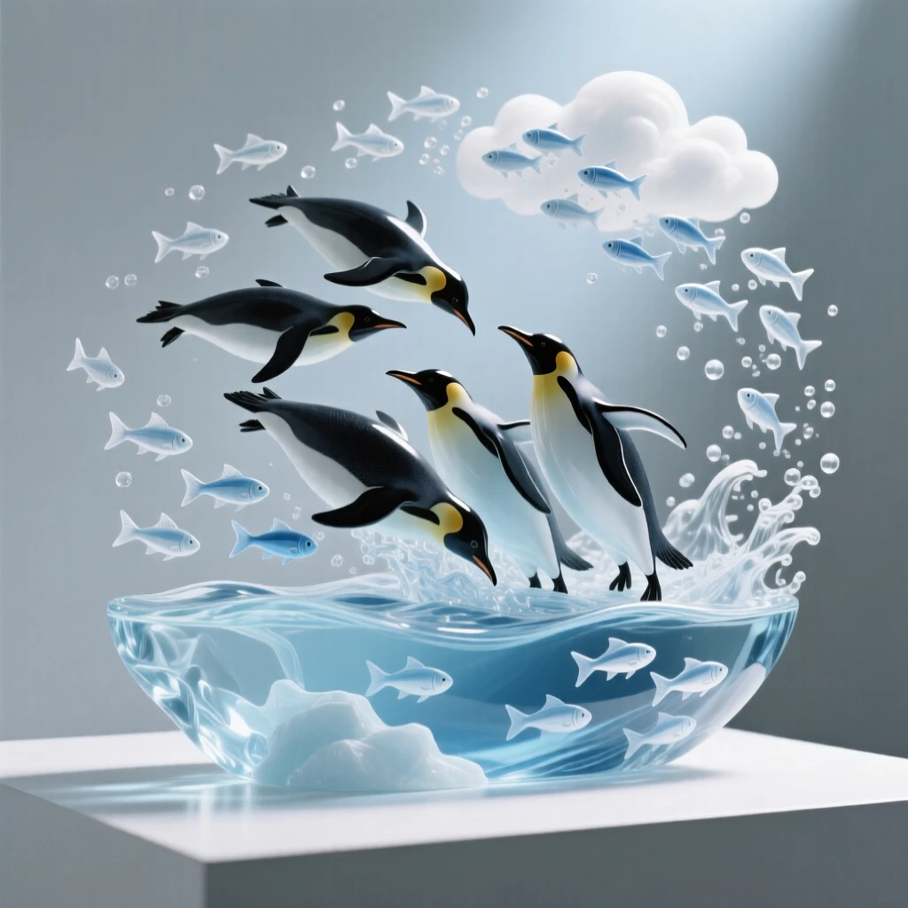 Surrounded by schools of fish moving in unison, a group of penguins diving together into icy water, while a cloud of tiny fish scatters and reforms nearby