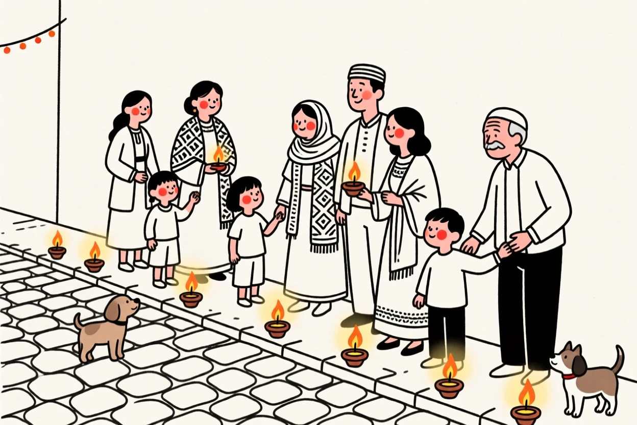 A large extended family of Turkish heritage celebrating Diwali with lit lamps, on a quiet cobblestone street.