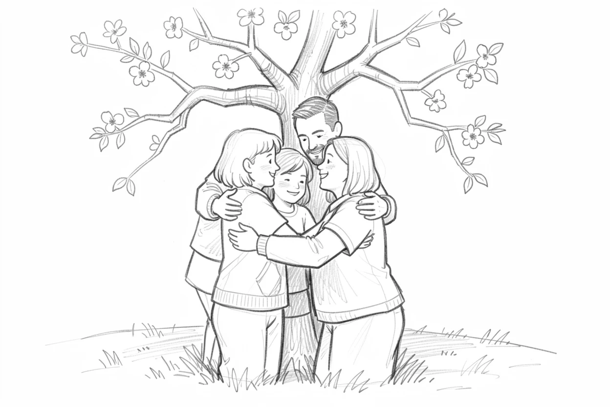 A family reunion embrace after years apart, beneath a blooming apple tree, full of gentle affection.