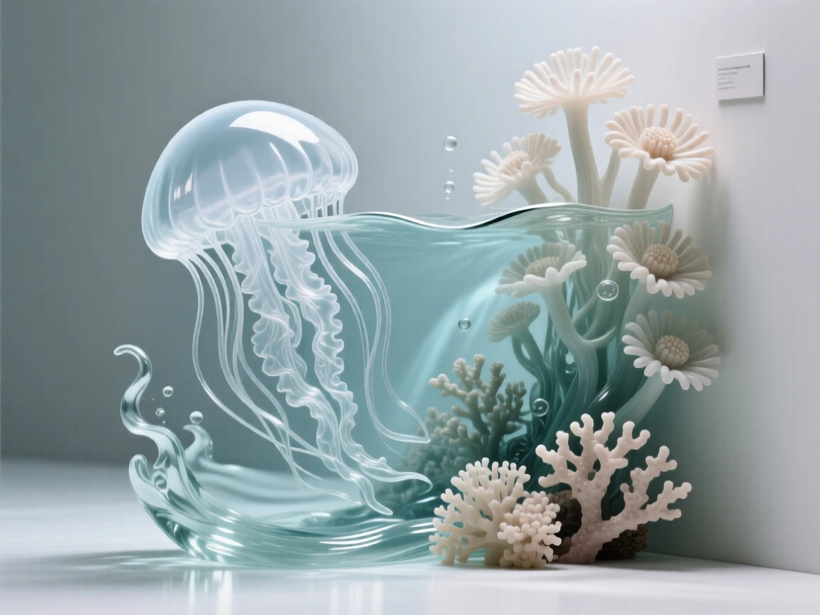 Beside a wall of anemones swaying in the current, a moon jellyfish pulsing gently through open water, while the current gently sways the surrounding coral